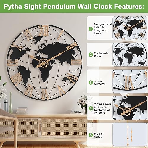 Miniatura 2 de Reloj de pared grande de 24 pulgadas para decoración de sala de estar, reloj de pared de metal con mapa del mundo silencioso y moderno con número