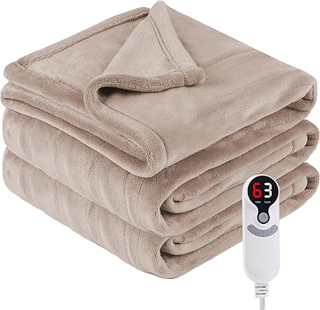Electric Heated Blanket Throw Size, 50" x 60" Heated Throw with 6 Heating Levels & 3 Hours Auto Off, Machine Washable, Camel
