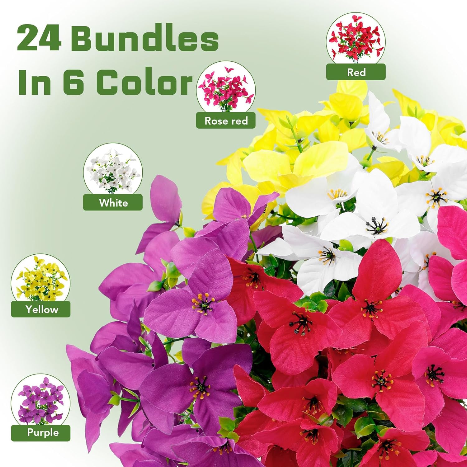 24 Bundles Artificial Flowers for Outdoors，Plastic Flowers Uv Resistant Fake Plants Bulk for Spring Summer Hanging Planter Porch Window Garden Home Decor