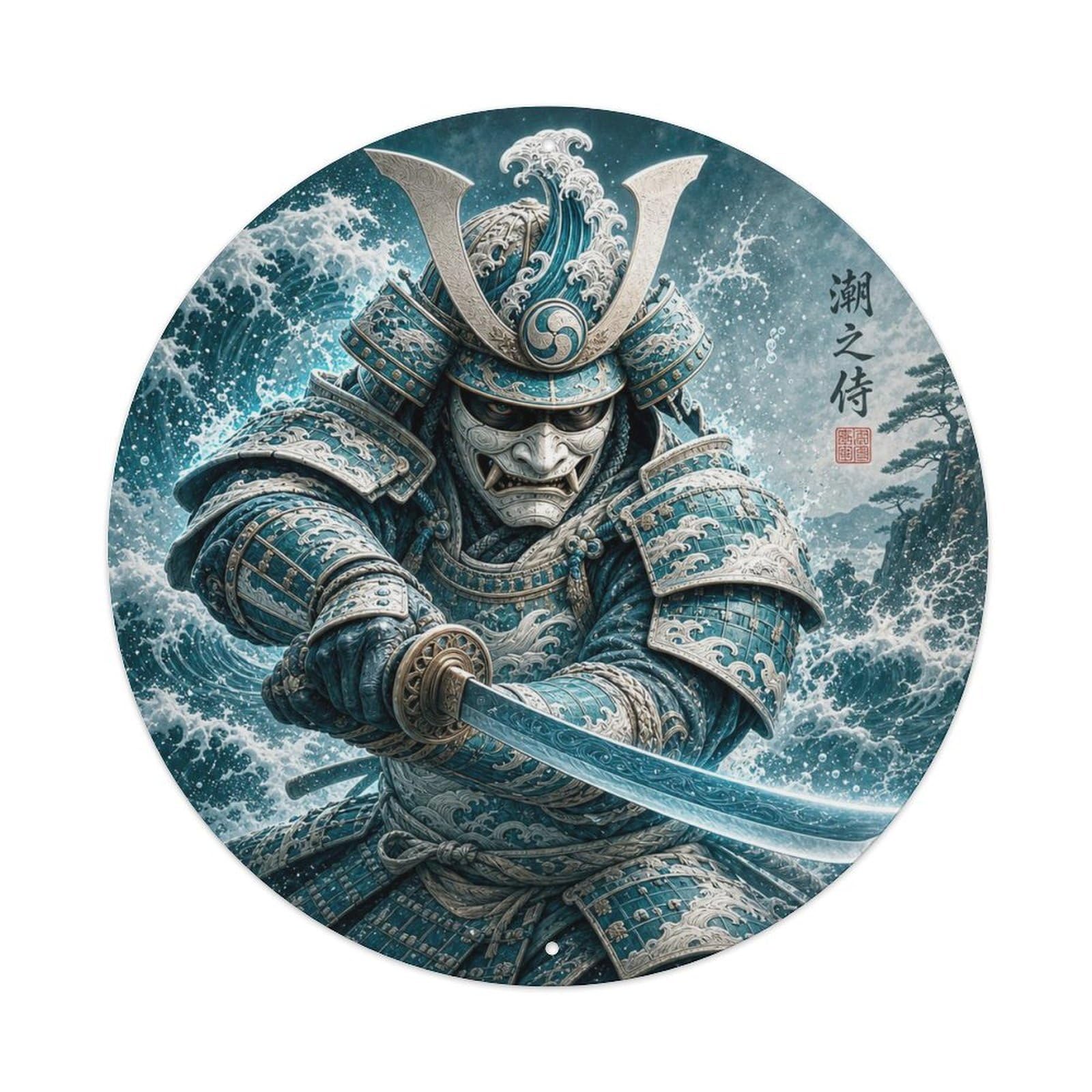 Okngb Style Kabuto Aqua Strike Tide Forward Lunge Katana Badge Metal Tin Sign Plaque Wall Decor For Cafe, Man Cave, Club Bar, Office, Home Garden Round Metal Poster 8X8inch