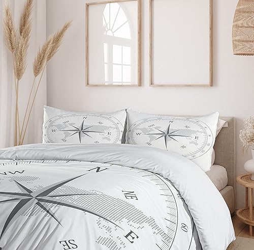 Miniatura 6 de Ambesonne Juego de funda de edredón de brújula, ilustración de mapa del mundo, marinero marítimo, equipo de vida monocromático, juego de ropa