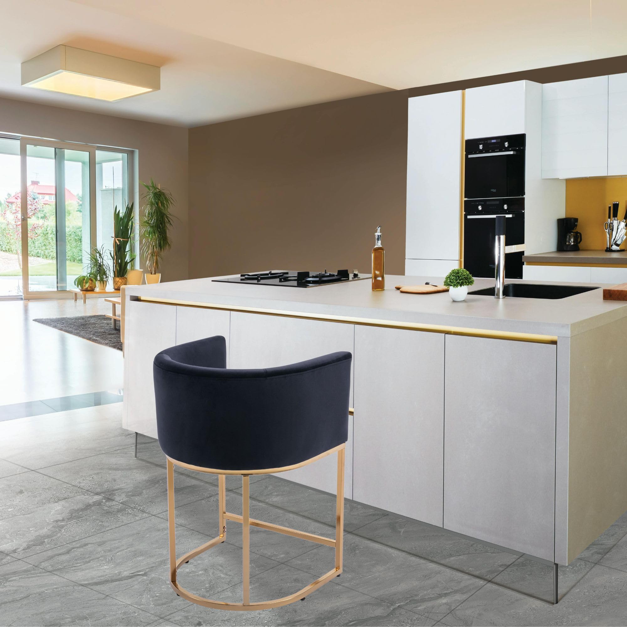 Modern Bar Stools Set of 1, 24" Velvet Upholstered Counter Height Kitchen Island Stools Bar Chairs with Golden Metal Frame, Black