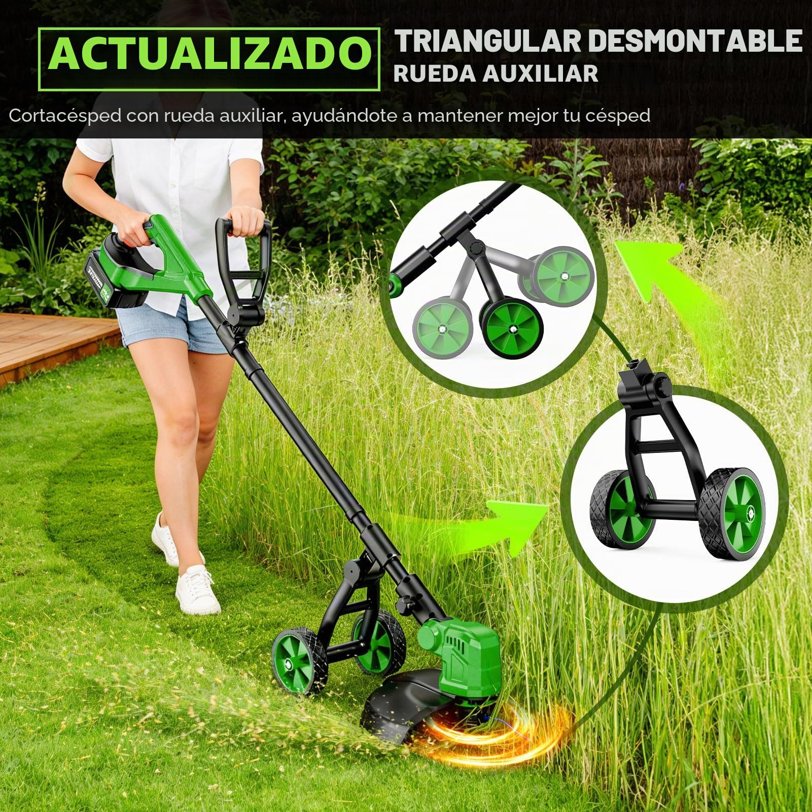 Desbrozadora Bateria con Ruedas,36CM Desbrozadora Electrica con 2 * 3.0 Ah Baterías,800W Motor sin Escobillas,4-in-1 Cortadora de Césped con 8 Bobinas de Repuesto para Jardín y Césped