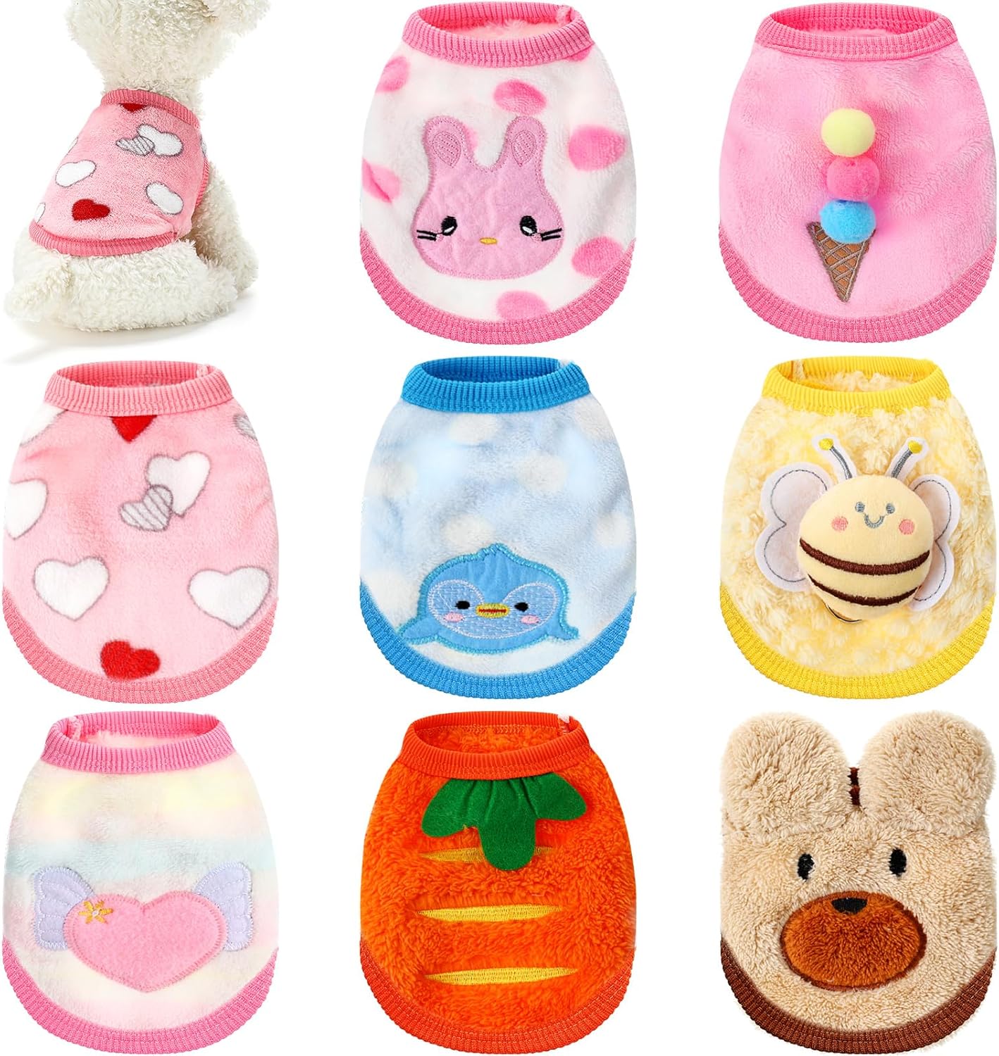 8 Pcs 2XS Pet Shirts Clothes Sleeveless Vest for Rabbit Bunny Puppy Kitten Cute Flannel Small Animals Sweater Costume for Boy Girl Chihuahua Guinea Pig Teacup Dogs(Bees Dogs Birds Love Pattern)