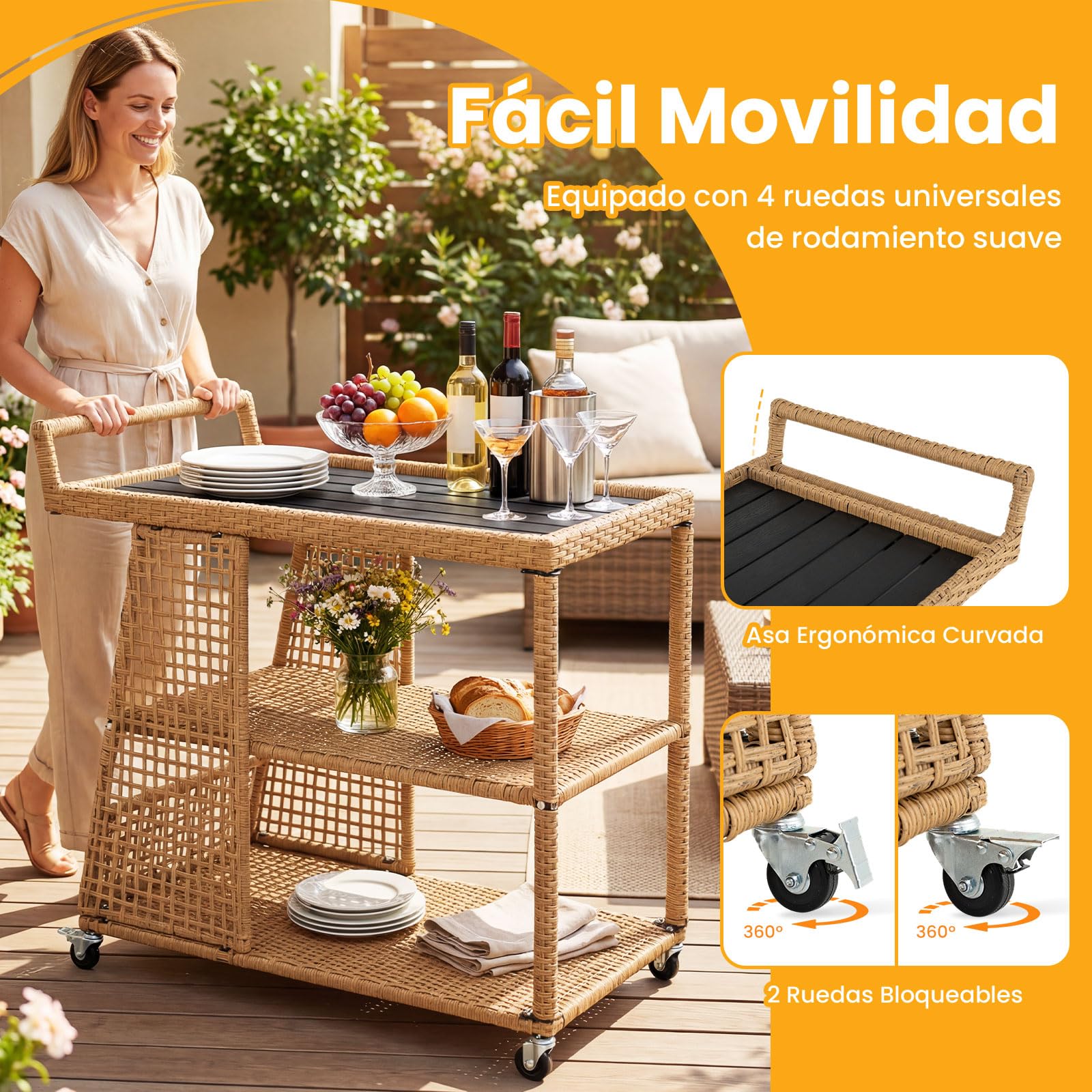 COSTWAY Carrito de Servicio de 3 Niveles, Carrito de Cocina de Ratán PE con Ruedas Universales Bloqueables, Estantes Abiertos y Asa Lateral, Mesa Auxiliar Móvil de Exterior para Jardín Patio Terraza