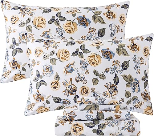 FADFAY Juego de sábanas para cama individual, elegante, diseño floral, color blanco desgastado, juego de sábanas florales vintage, ropa de cama 100%