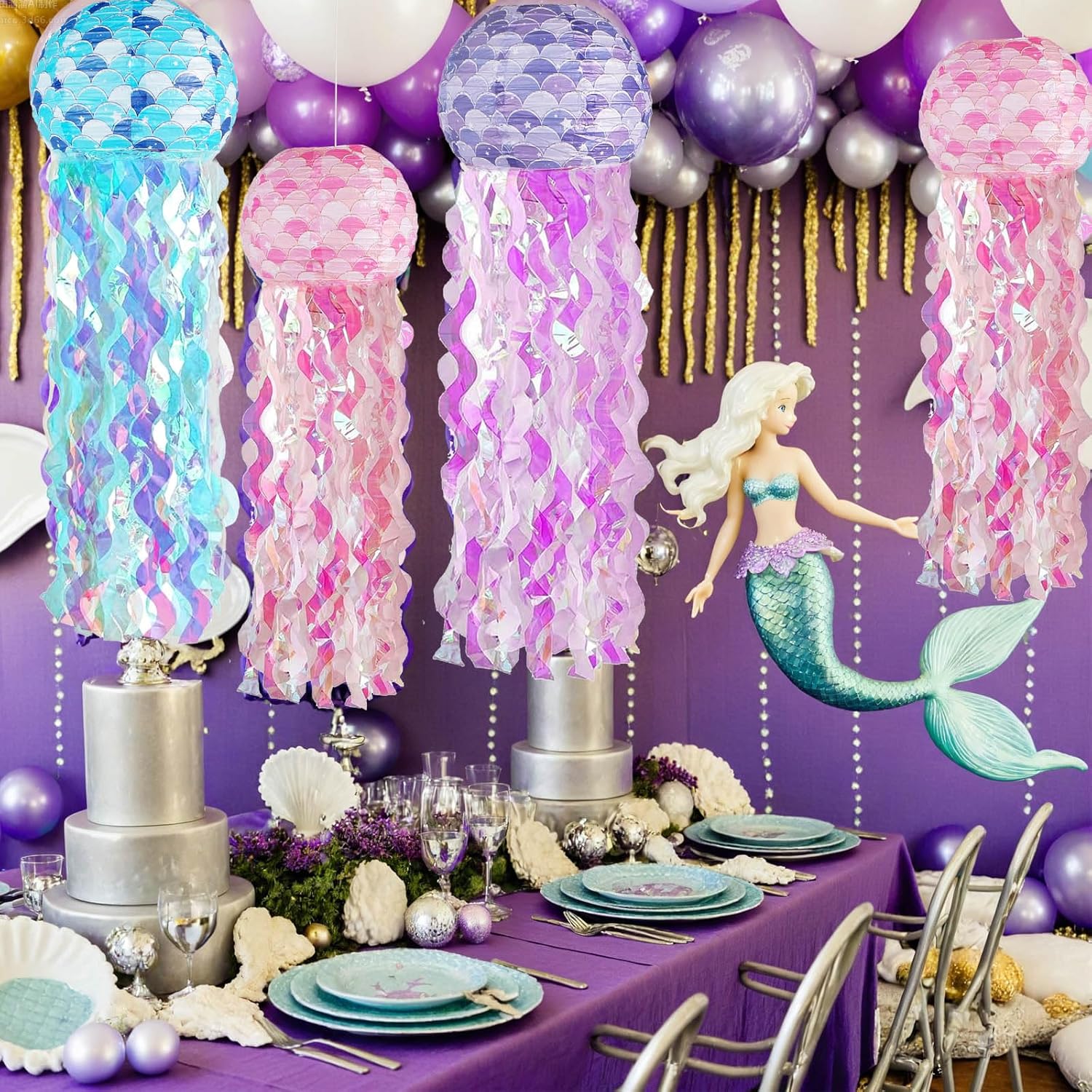 Glowing Jellyfish Lanterns for Under The Sea Party - 6-Pack with 36ft String, Color LED Light, Hanging Jellyfish Decor for Mermaid Birthday, Ocean-Themed Party Decorations