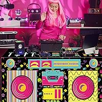 Vista 4 de Mantel rectangular de 6 pies de los años 80 y 90, con estampado de altavoz estéreo de radio retro, funda de mesa de tela lavable para cumpleaños