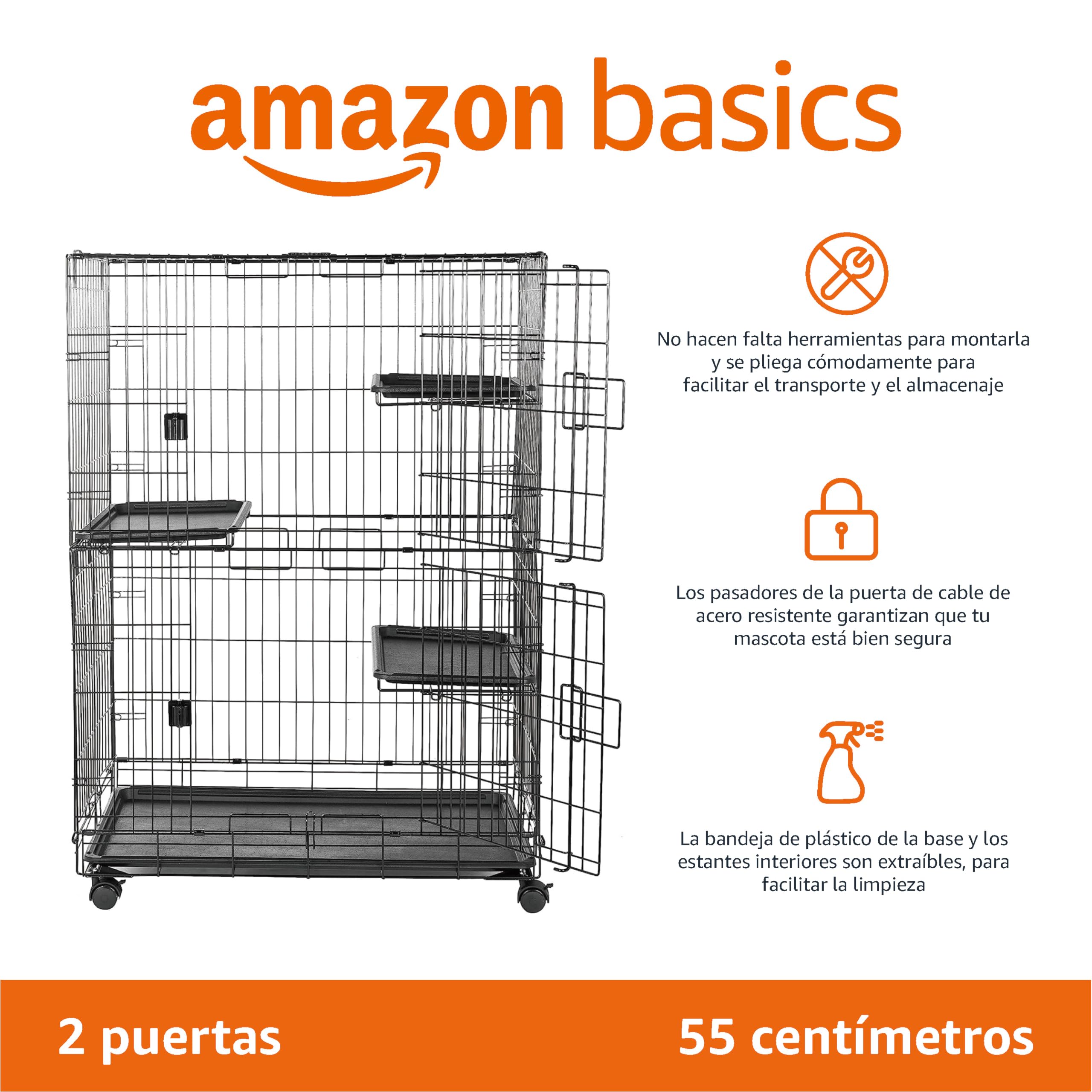 Amazon Basics Jaula grande de 3 niveles Duradero,Seguro para gato para jugar, 91 x 57 x 128,5 cm, Negro
