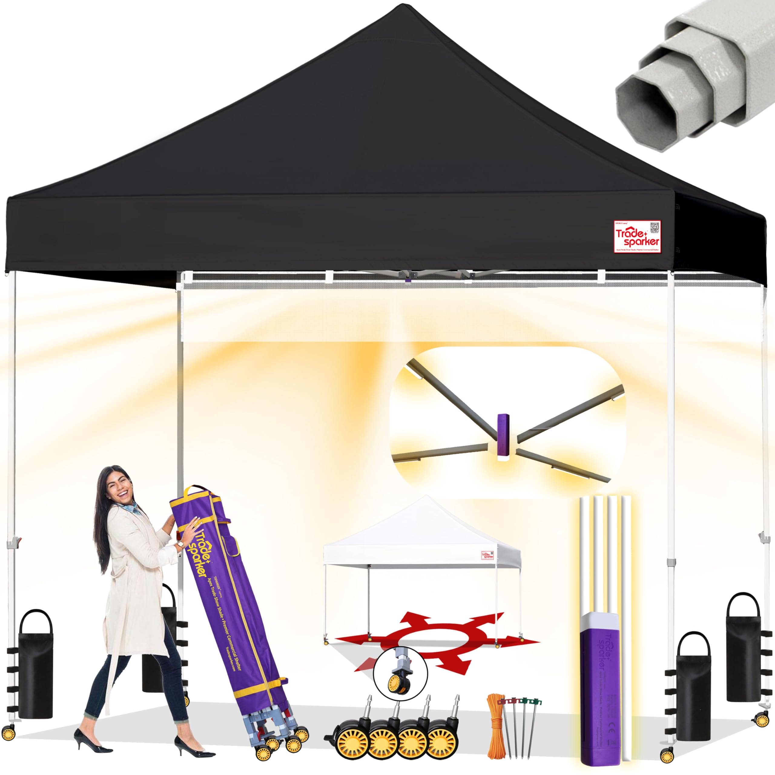 tradesparker 10x10 pop up canopy tent,commercial movable canopy with apexcore led&rugged casters-instant easy setup shelter canopies with weight bags&stakes for outdoor events markets vendors,black