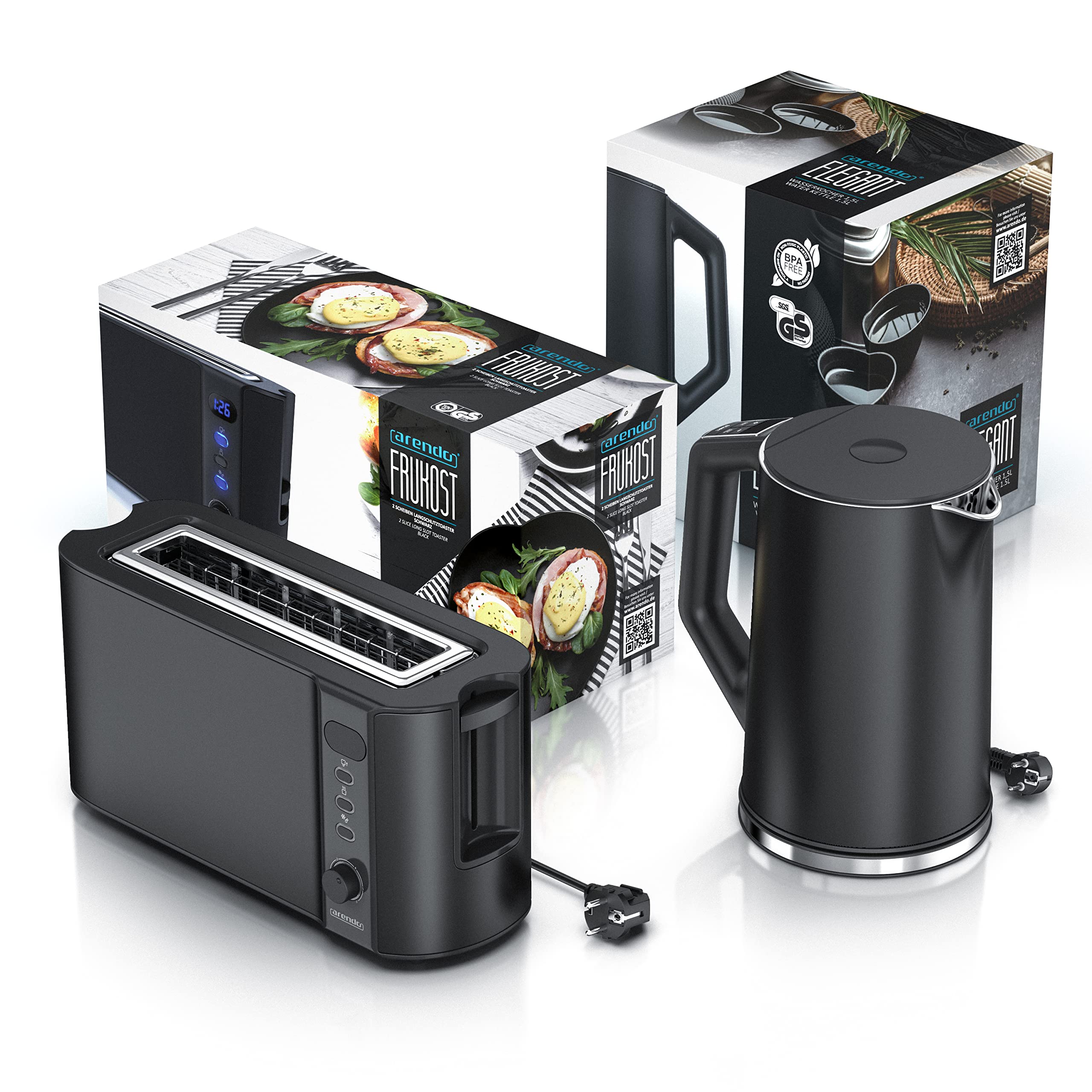 Arendo Wasserkocher Toaster SET Edelstahl Schwarz 1,5L 40-100°C Warmhaltefunktion 2 Scheiben LED-Display 6 Bräunungsgrade Brötchaufsatz