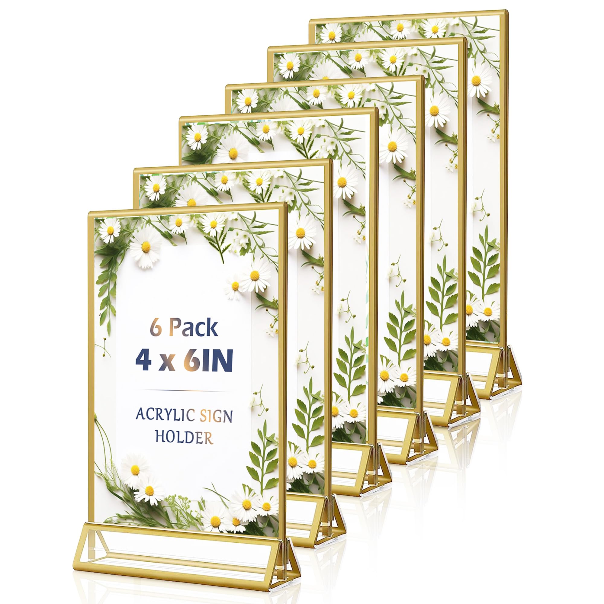 rogeramz Gold Picture Frames Clear Acrylic Sign Holder 4X6 Gold Frames, Table Number Holder, Double Sided Menu Holder Display Stand for Weddings Table