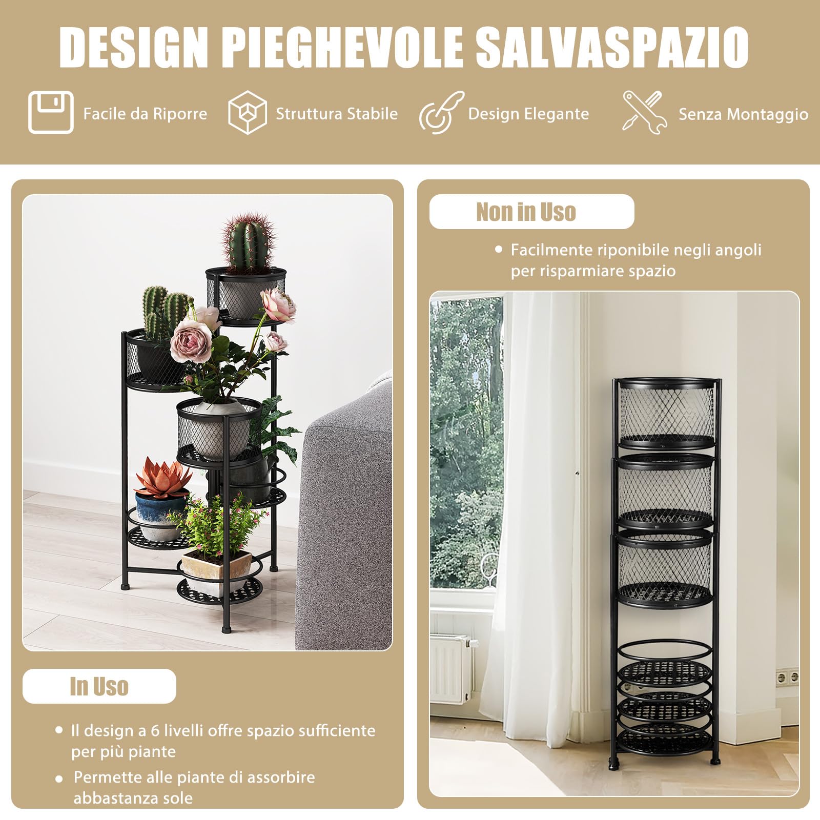 COSTWAY Porta Piante da Interno Pieghevole, Scaffale per Piante e Fiori in Metallo a 6 Livelli,Porta Vasi Salvaspazio da Balcone e Salotto, 41 x 39 x 82 cm (Nero)