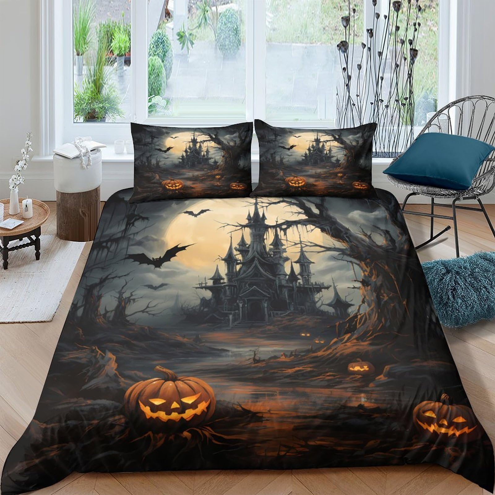 Ctjqhvkz Style-4 3D Printed Haunted Castle Fitted Sheet Microfiber Halloween Pumpkin Mattress Cover For Bedroom Dorm Decor Dustproof Single（135X200cm）