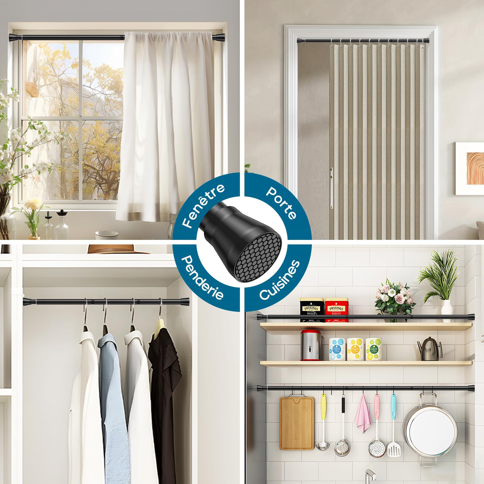 AIZESI tringle rideau sans percage 74.5-163 cm Tringle Rideau Extensible - Barre Telescopique Acier Inoxydable Noir pour Salle de Bain, Fenêtre, Porte, Penderie (diamètre 22 mm)