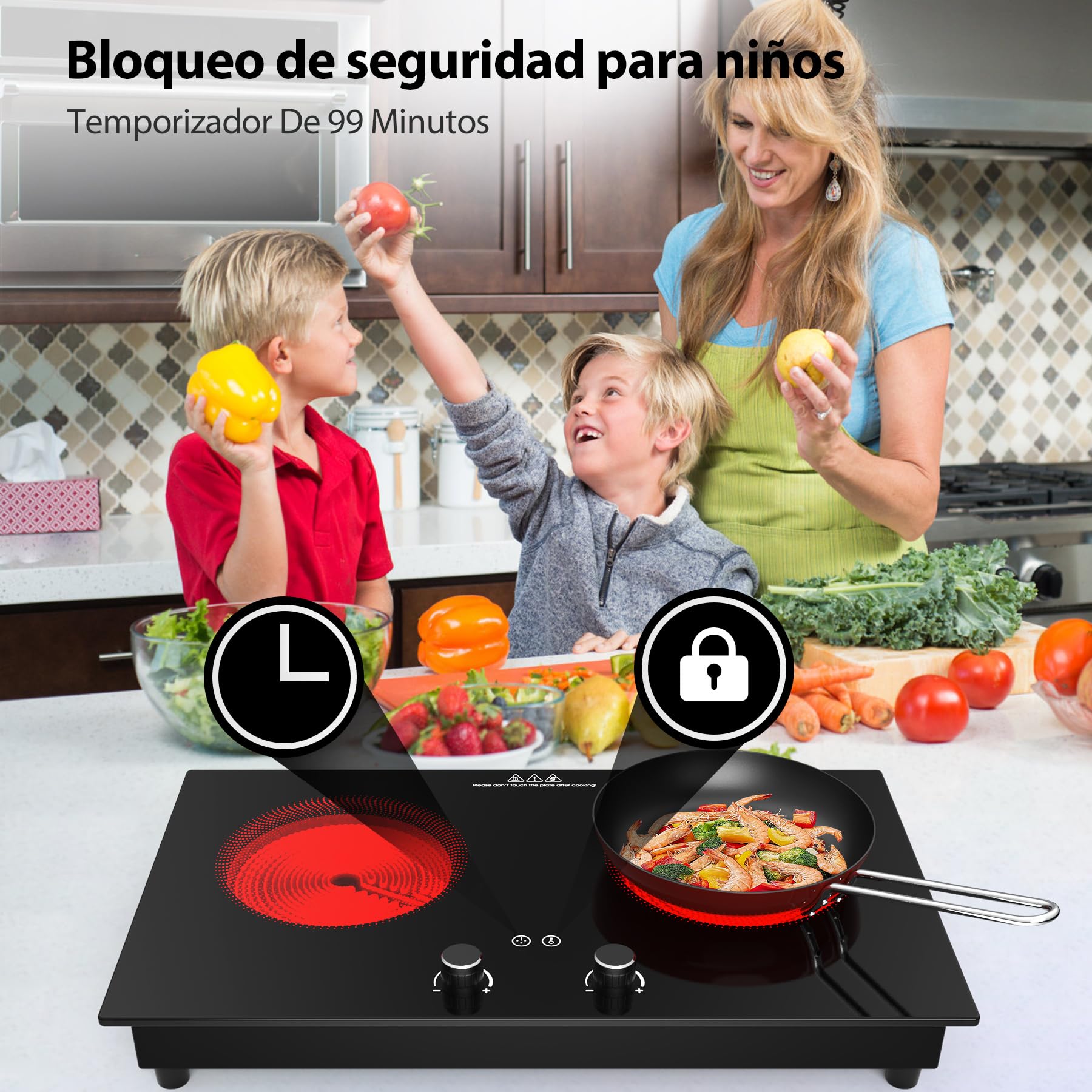 VBGKplaca vitroceramica,3600W vitrocerámica 2 fuegos，Placa calefactora de sobremesa y empotrable con bloqueo de seguridad para niños, temporizador, control mediante mando táctil LED.