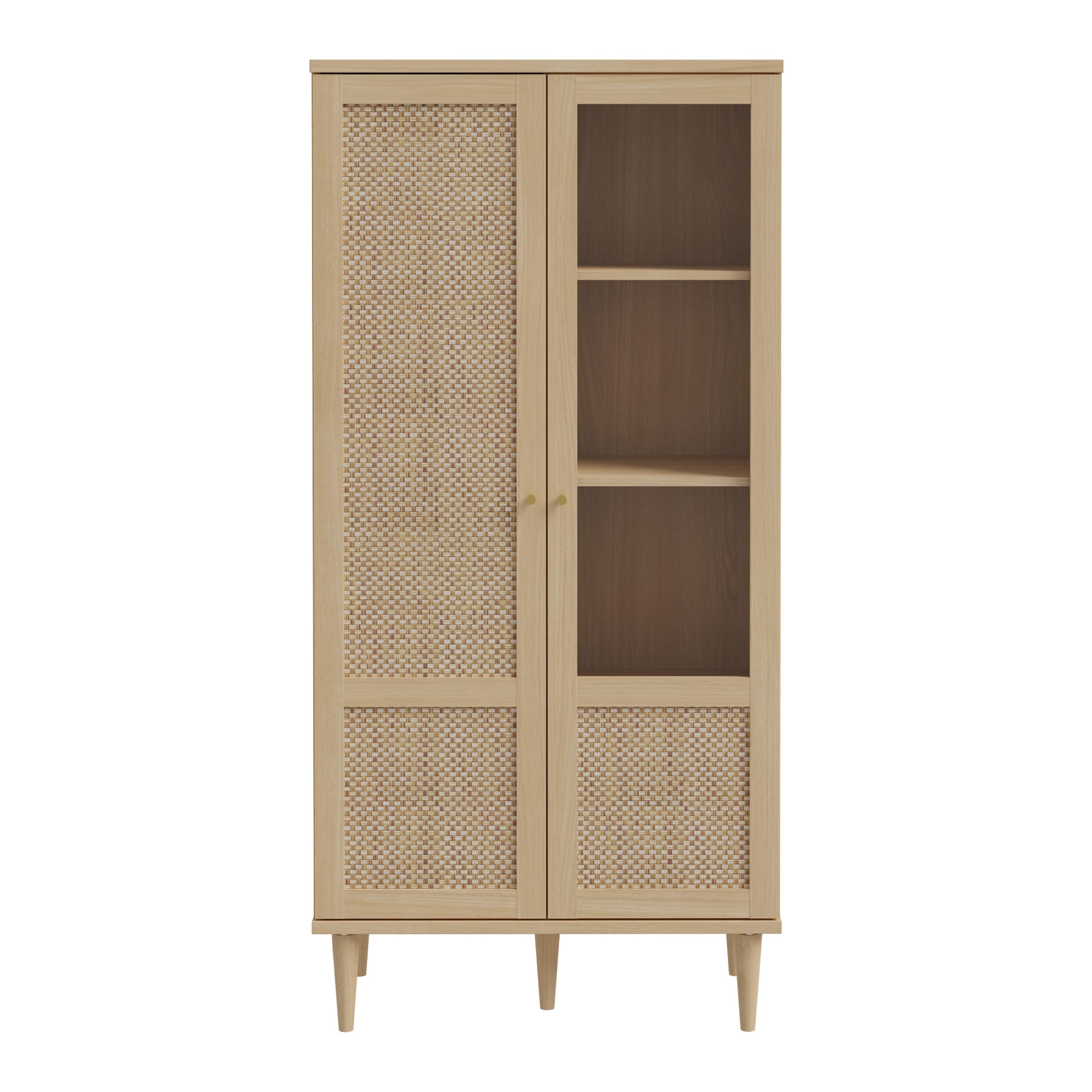 Forte CALASETTA Vitrine 80, Boho-Vitrinenschrank mit Rattangeflecht, 2-türig, Holzwerkstoff, Elegancia Eiche | Technorattan, 80,1 cm breit x 166,6 cm hoch x 41,4 cm tief