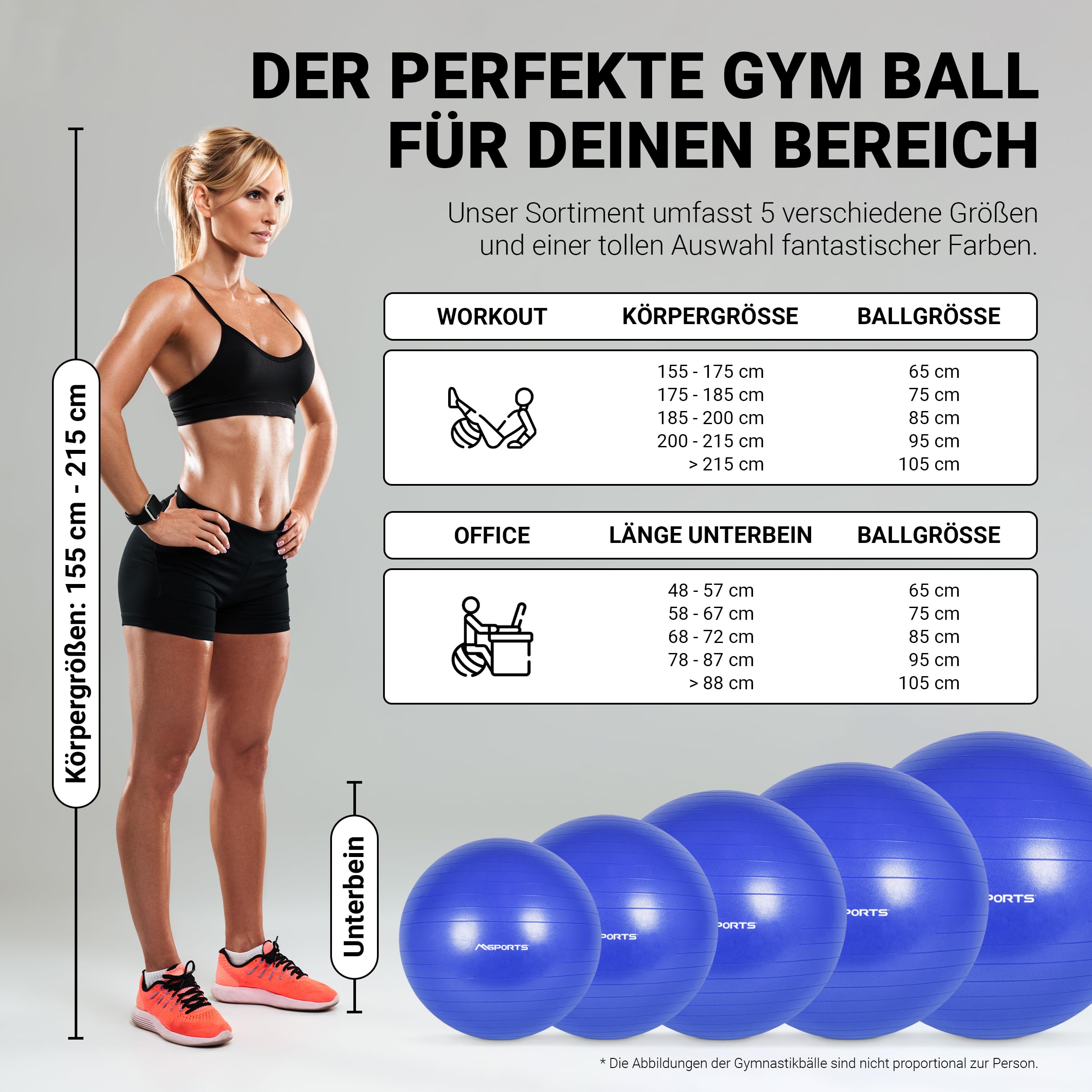 MSPORTS Palla da ginnastica Premium Anti Burst con pompa + app per allenamento, 55 cm – 105 cm – palla fitness con poster per esercizi