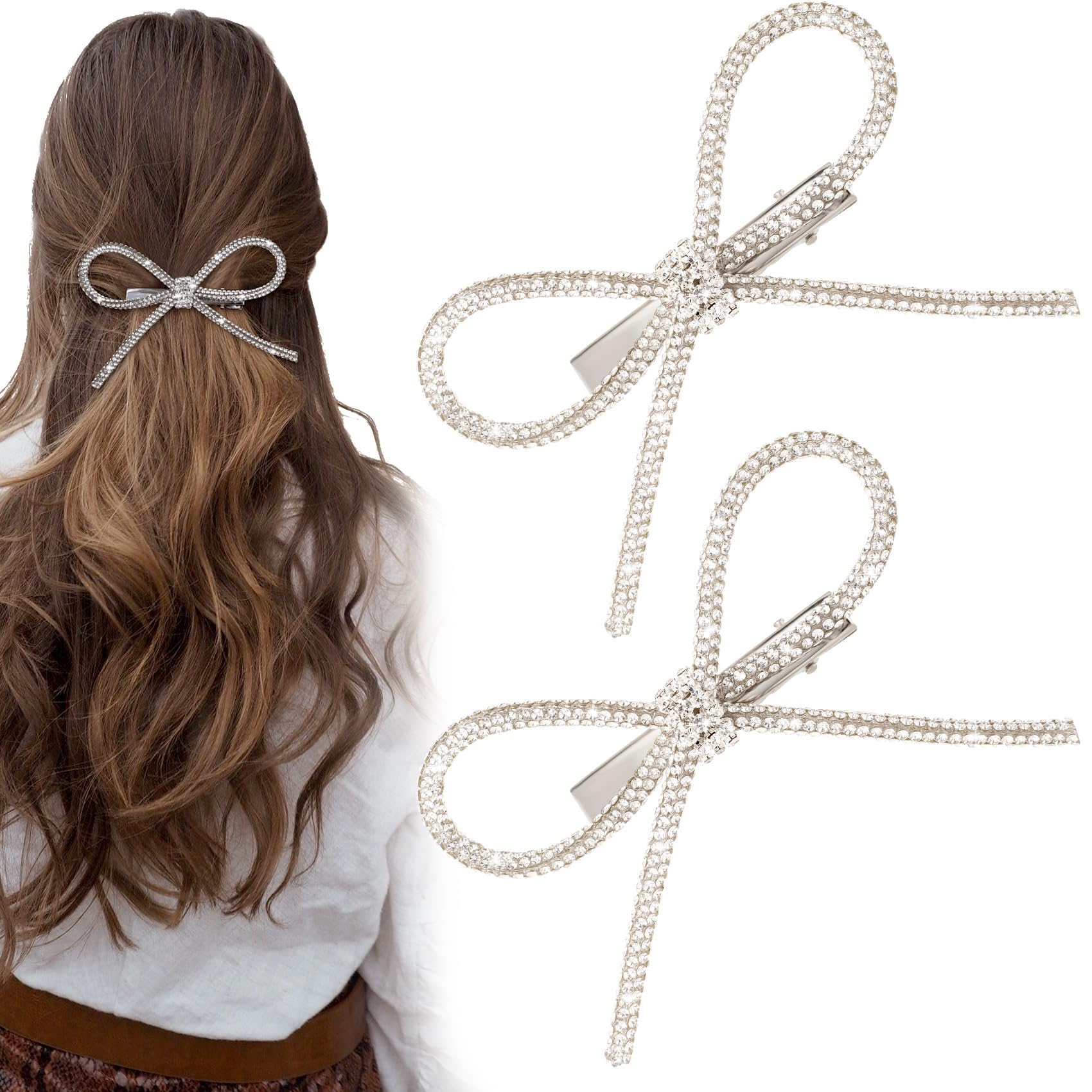 Bow Crystal Barrette Clip, 2 Pieces Crystal Rhinestone Bowknot