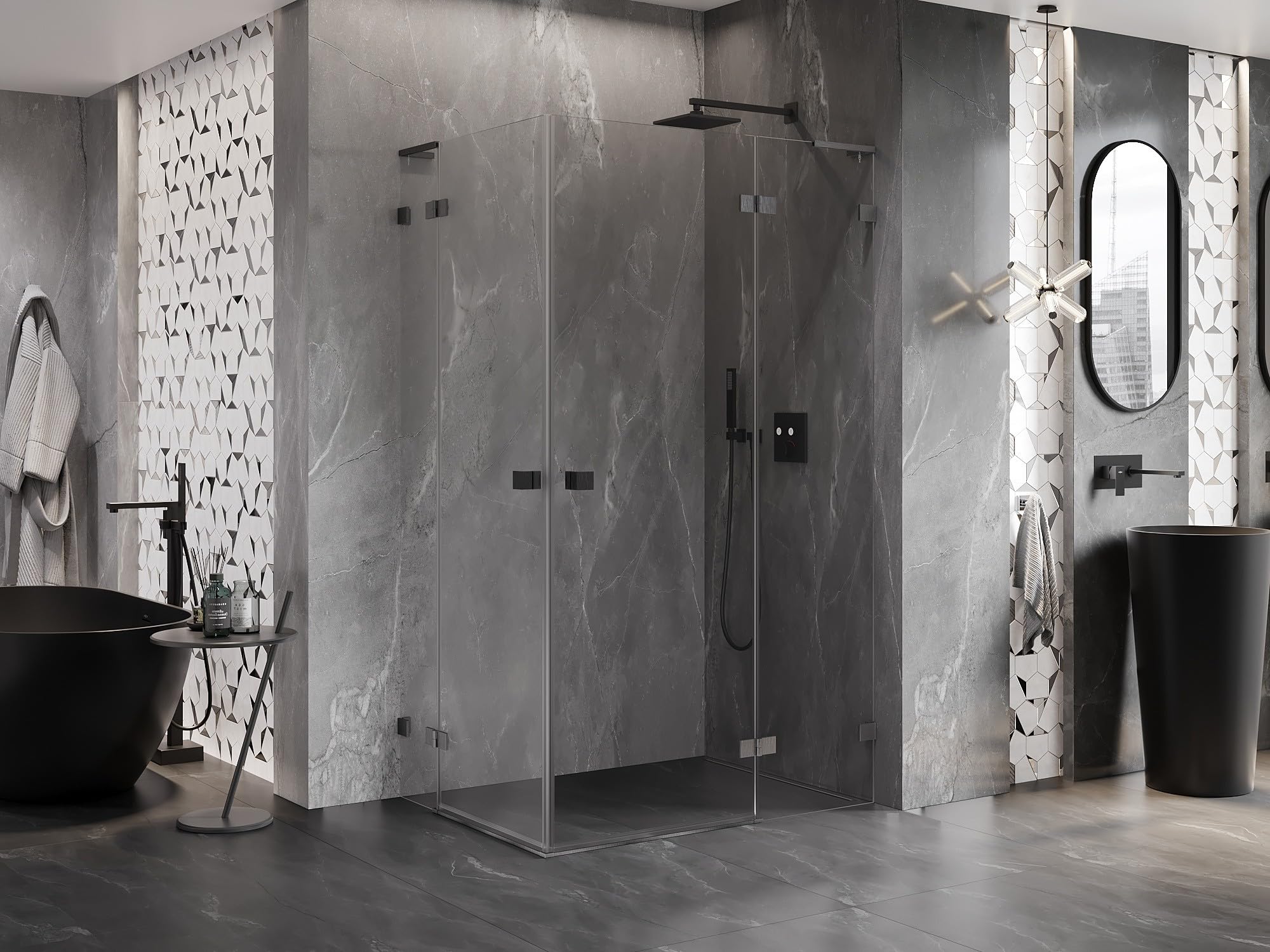 Mexen Lunar L Duo - Box doccia orientabile a destra, 115 x 80 cm, trasparente, spazzolato, grigio canna di fucile
