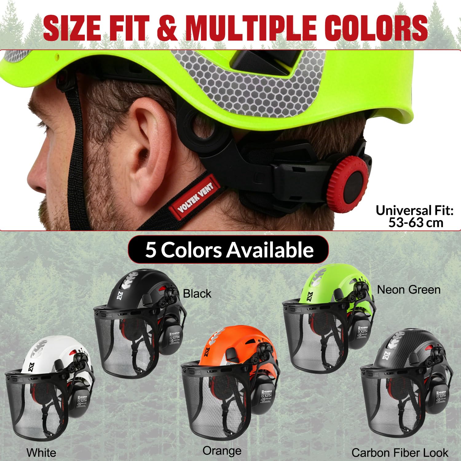 HEARMOR VOLTEK Ensemble de casque de sécurité forestière 5 en 1 avec casque rigide en ABS avec protège-oreilles, visière, capuchon de sudation et sac de transport, design confortable et ventilé pour