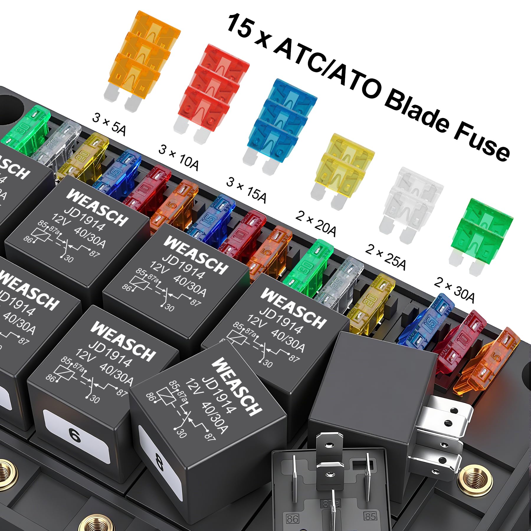 12 V 40 A 15 casse di fusibili e relè, 10 relè e 15 fusibili ATC/ATO, blocco relè SPDT a 5 poli e accessori, per auto, camion e barche