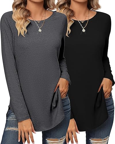 Miniatura 2 de 2 Pack Women's Long Sleeve Shirts, Loose Fit Crew Neck Tunic Tops Loose Fit Side Split Basic Pullover Tee Shirts