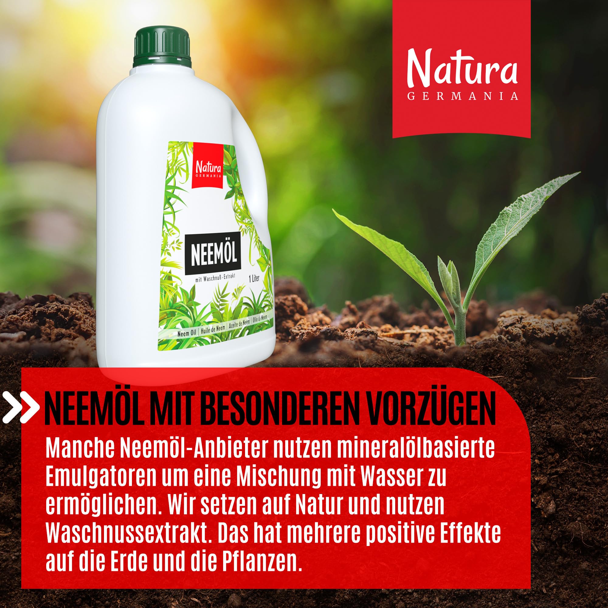Huile de neem Natura Germania® 1000 ml avec extrait de noix de lavage, atomiseur inclus - donne 100 litres de solution prête à pulvériser - spray de neem pour les soins naturels des plantes