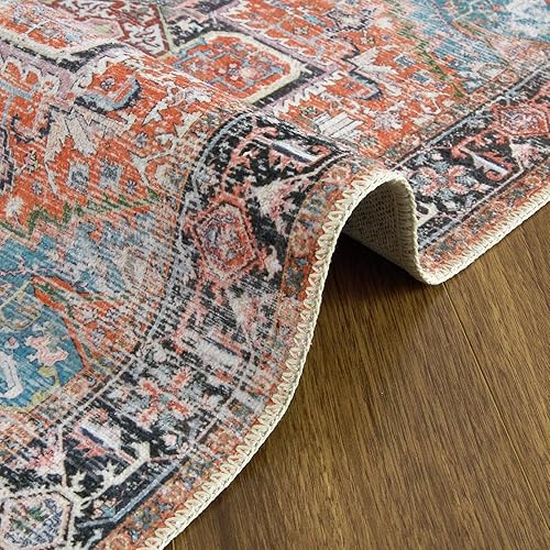 Miniatura 4 de Alfombra de área envejecida, de 4 x 6 pies, con estampado floral, oriental, plegable, delgada, de felpilla, antideslizante, lavable, para sala de