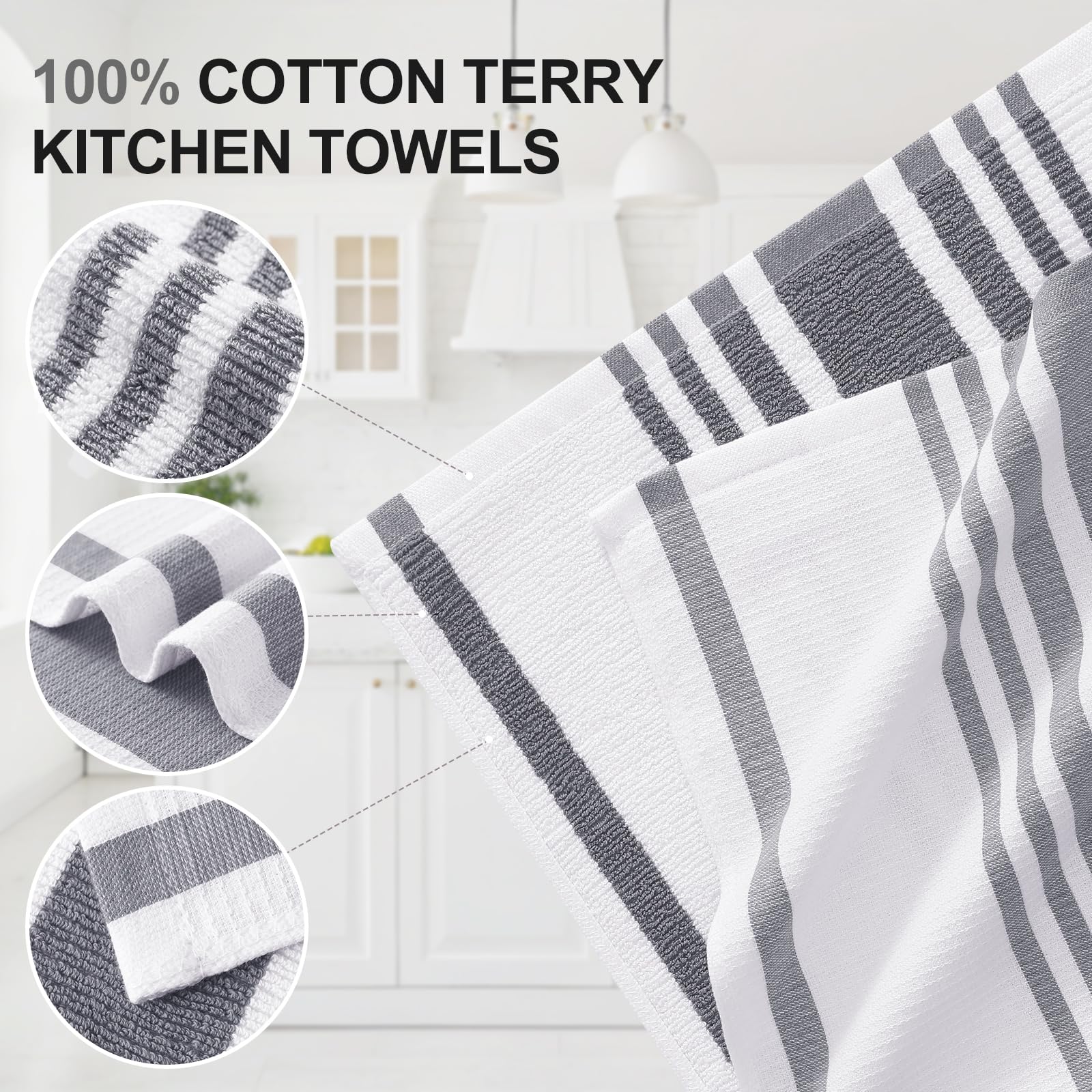 Homaxy Premium Kitchen Towels 18”x 28”, Large Cotton 380 GSM Kitchen Hand Towels, Stripe and Terry Dish Towel, Highly Absorbent Tea Towel Set with Hanging Loop, 6 Pack, Grey