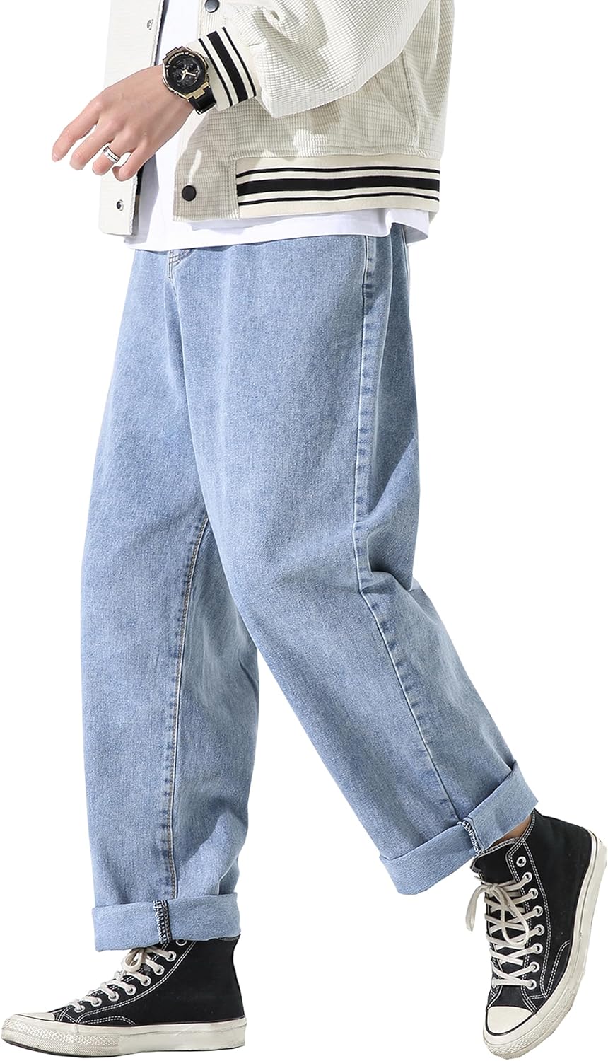 DOSLAVIDA Men's Work Jeans Casual Hip Hop Cargo Solid Color Loose Fit Straight Wide Leg Cotton Denim Pants with Zipper - Image 6