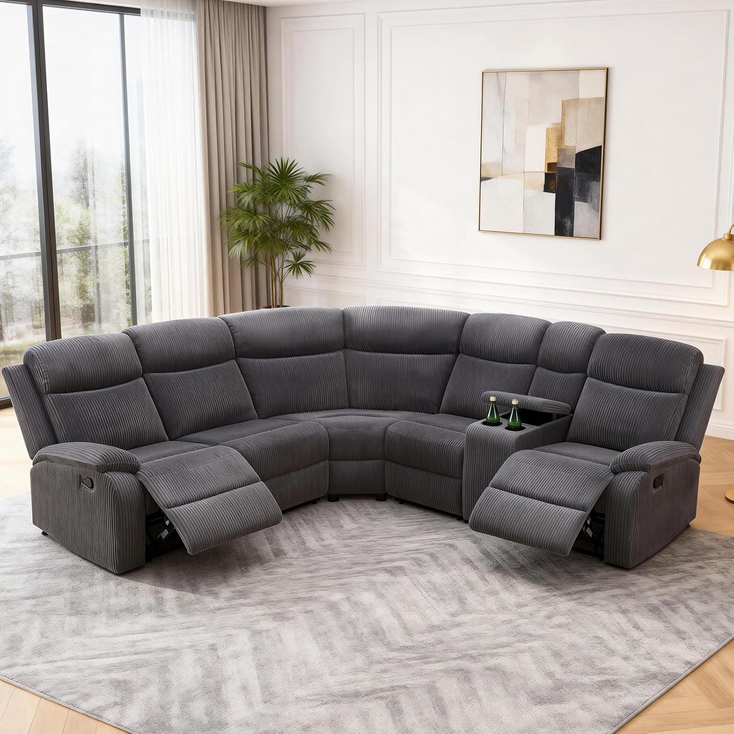 Reclining Sectional Sofa Set with Cup Holders,Hide Storage Recliner Couch Set,Stripe Fabric Living Room Furniture Sets,for Living Room/House/Office(Dark Grey)