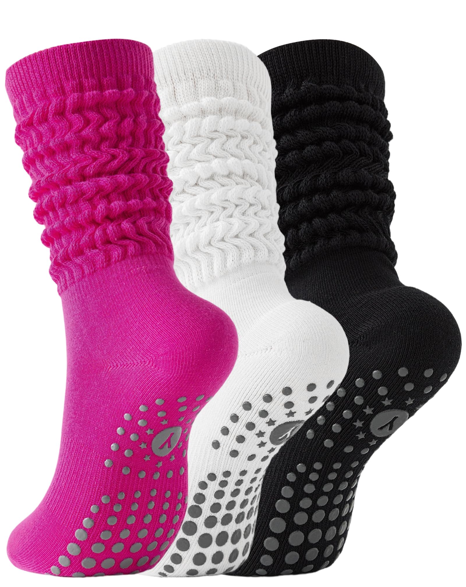 Yawlsow 1/3 Paar Pilates Grip Socken für Damen Yoga Rutschfeste Slouch Socken Baumwolle Kniestrümpfe Stulpen Extra lange Scrunch Kniehohe Stiefelsocken für Barre Workout Krankenhaus Zuhause