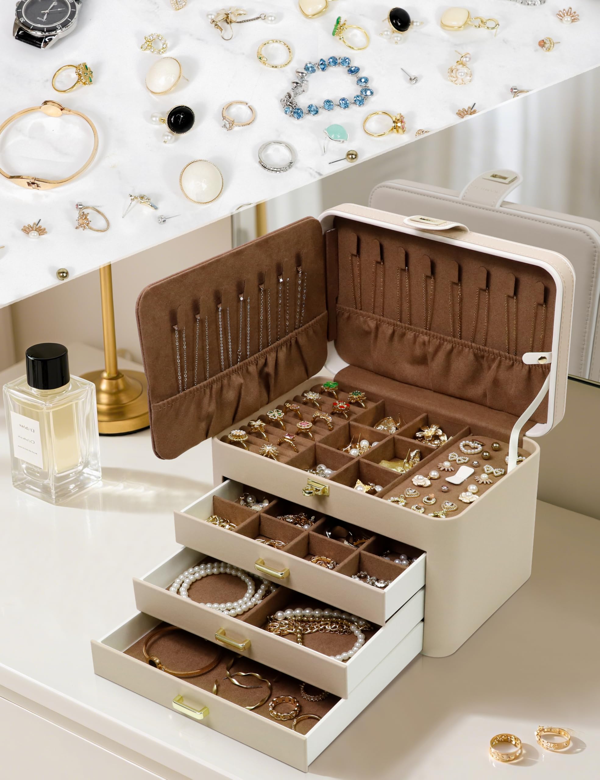 KAMIER Joyero Grande de 4 Niveles, Caja de Joyas con Espejo, Cajones y Cerradura, Piel Sintética, Beige