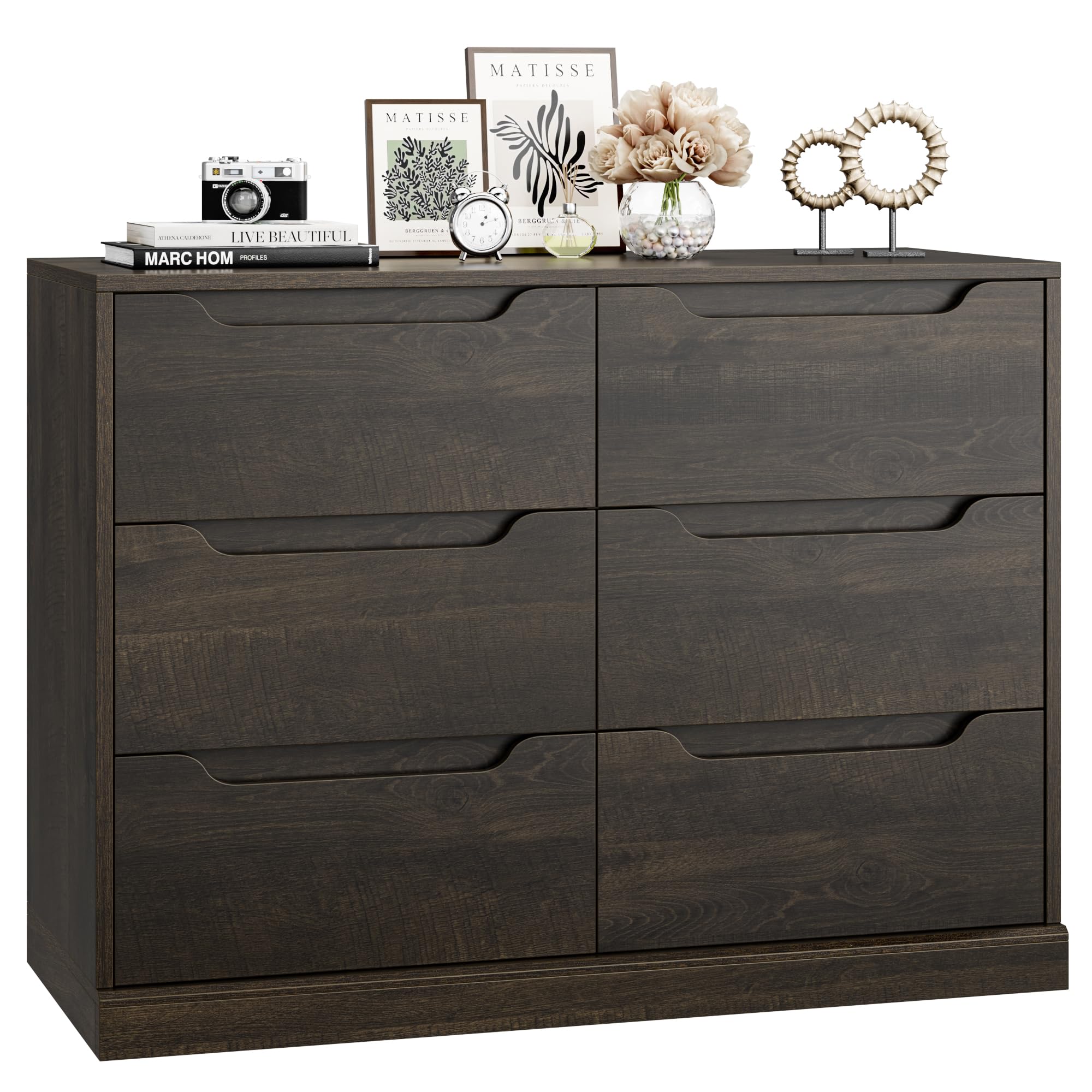 HOSTACK Modern 6 Drawer Dresser for Bedroom, Double Chest of Drawers with Storage, Large Wooden Storage Dresser Organizer with Cut-Out Handle, Accent Storage Cabinet for Living Room, Dark Brown