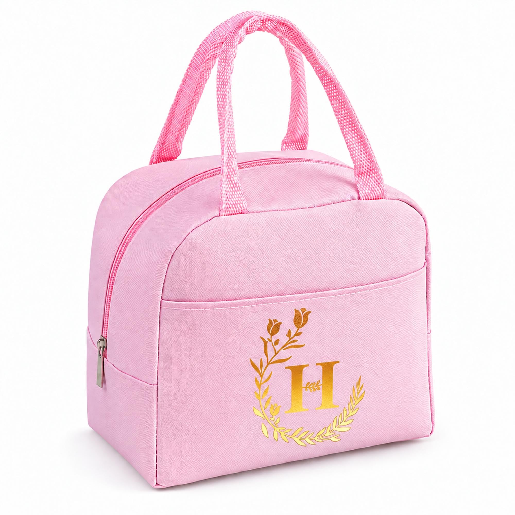 Personalized Pink Initial Letters Insulated Lunch Bag for Women Men Kids -H