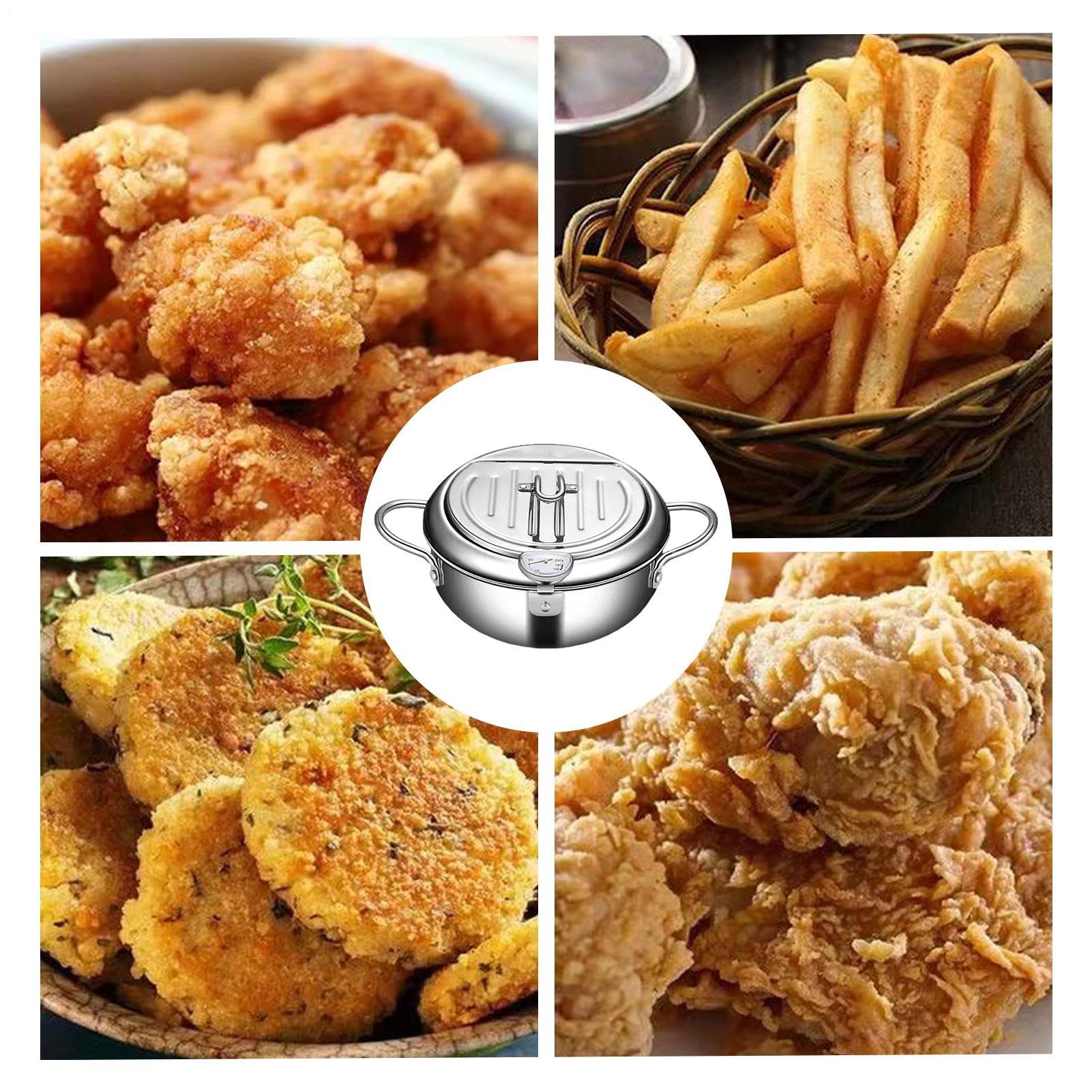 Friggitrice in acciaio | Con termometri Cucina a induzione domestica – | Pentola in acciaio grande friggitrice per cucinare patatine fritte croccanti e deliziose