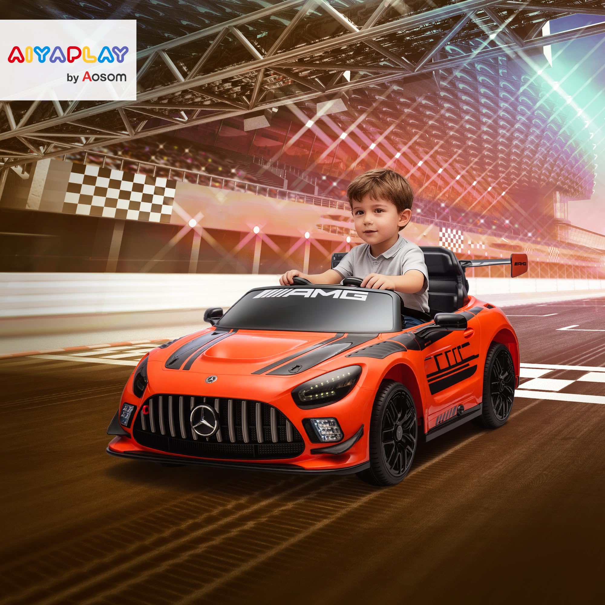 AIYAPLAY Coche Eléctrico para Niños Mercedes-AMG GT3 EVO 12V Faros Naranja | Mando a Distancia 2,4 G, Motor Doble, Ruedas Auxiliares, Asa de Arrastre, Música Inalámbrica