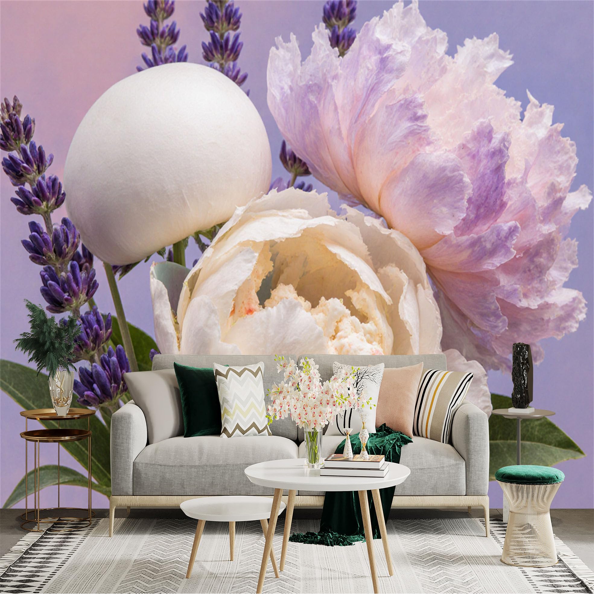 Custom Size Wall Sticker Mural， Elegant White Peony Flowers， Soft Purple Lavender Stems， Artistic Floral Still Life， for wall Decoration， peelandstick wall Decals.