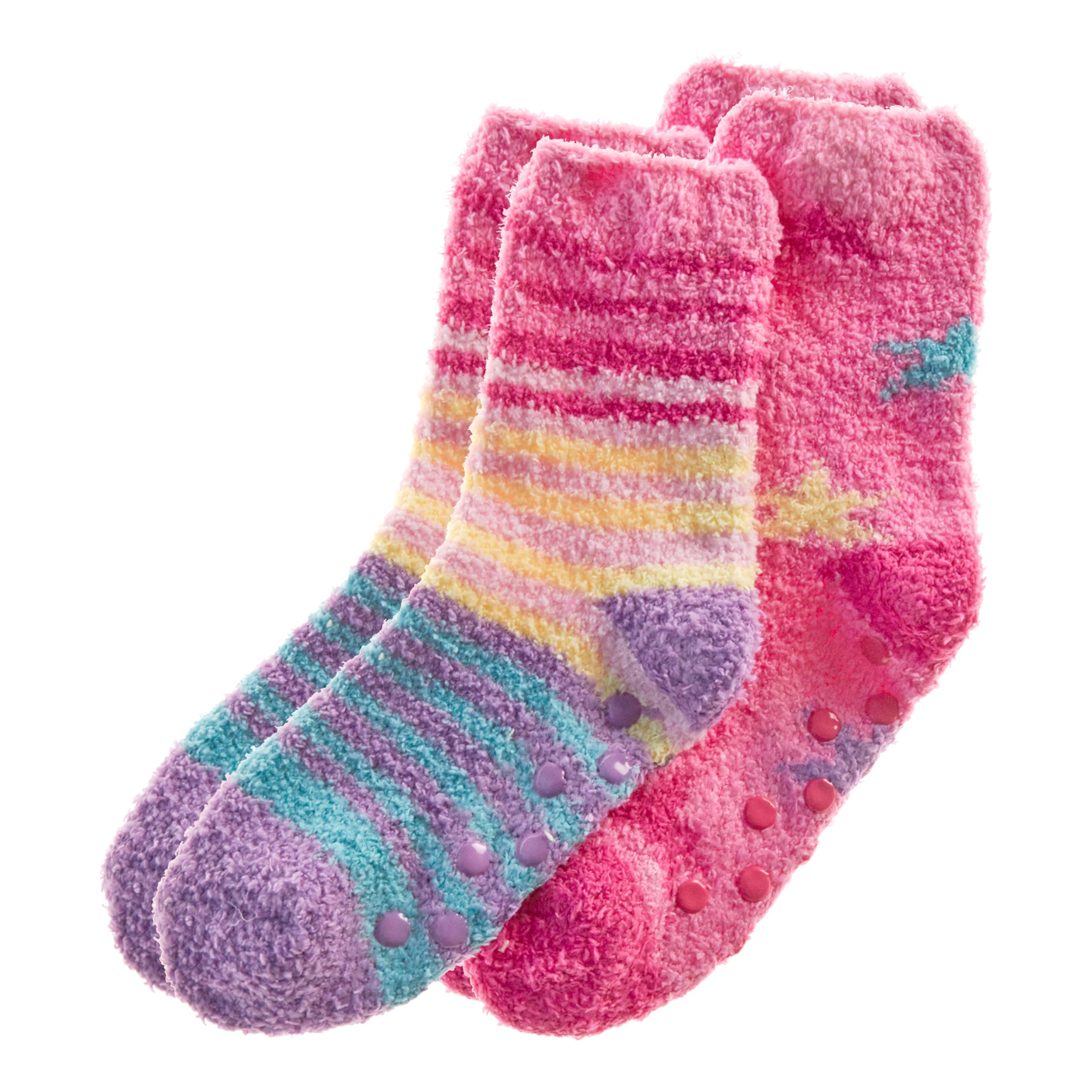 Metzuyan WS-AW23 2 Pairs Kids Girls Fluffy Slipper Socks Cosy Bed Socks Non Slip Anti-Skid Lounge Socks Pink Yellow Stripes 4-5.5