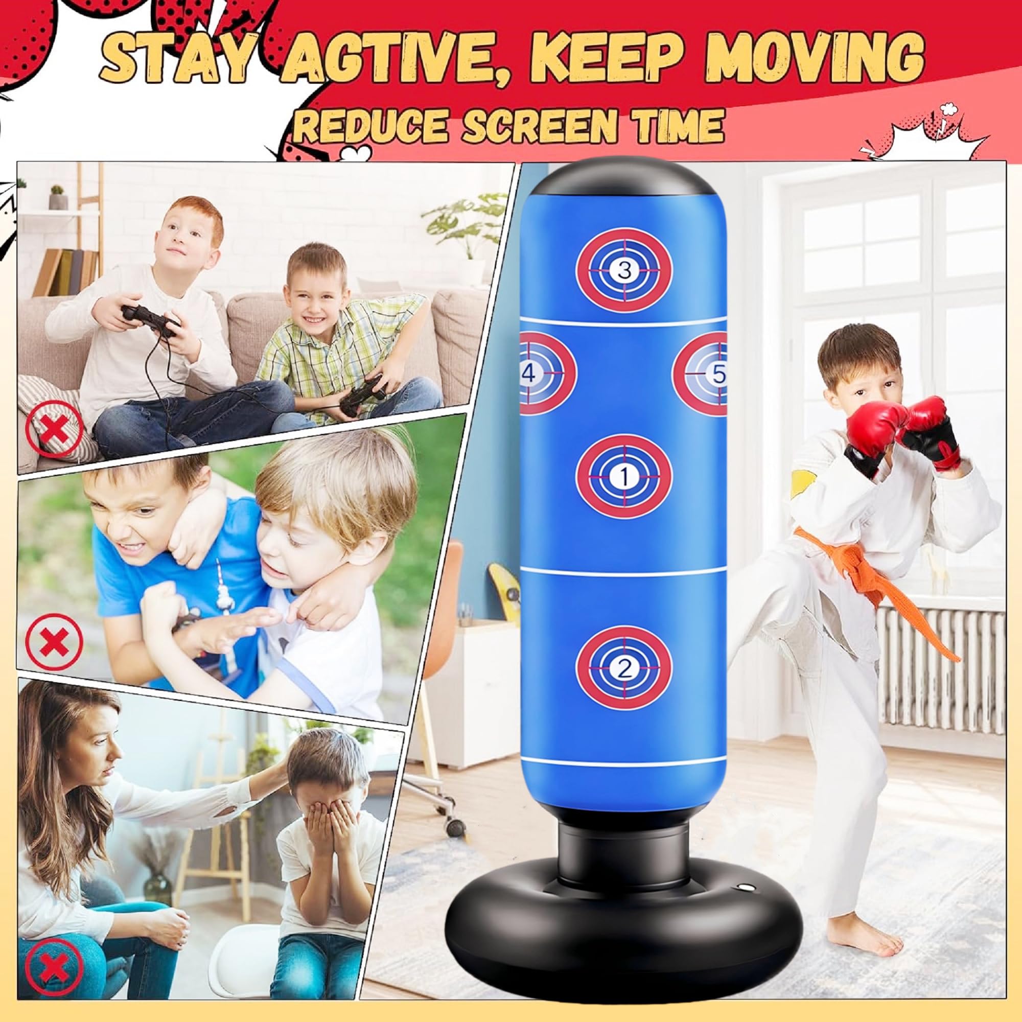 Sac de Boxe Enfant 165cm Gonflable Sac de Frappe avec Gants de Boxe pour Pratiquer Le MMA Karaté Taekwondo et Soulager L'énergie Refoulée Version 2025