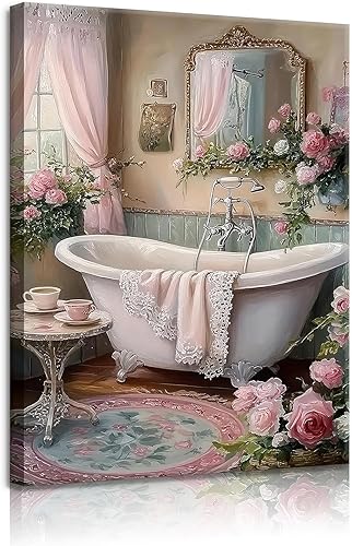 lkjhgf999 Lienzo decorativo de baño con diseño de flores rosadas, arte de pared vintage para bañera, decoración de pared, diseño botánico floral, de