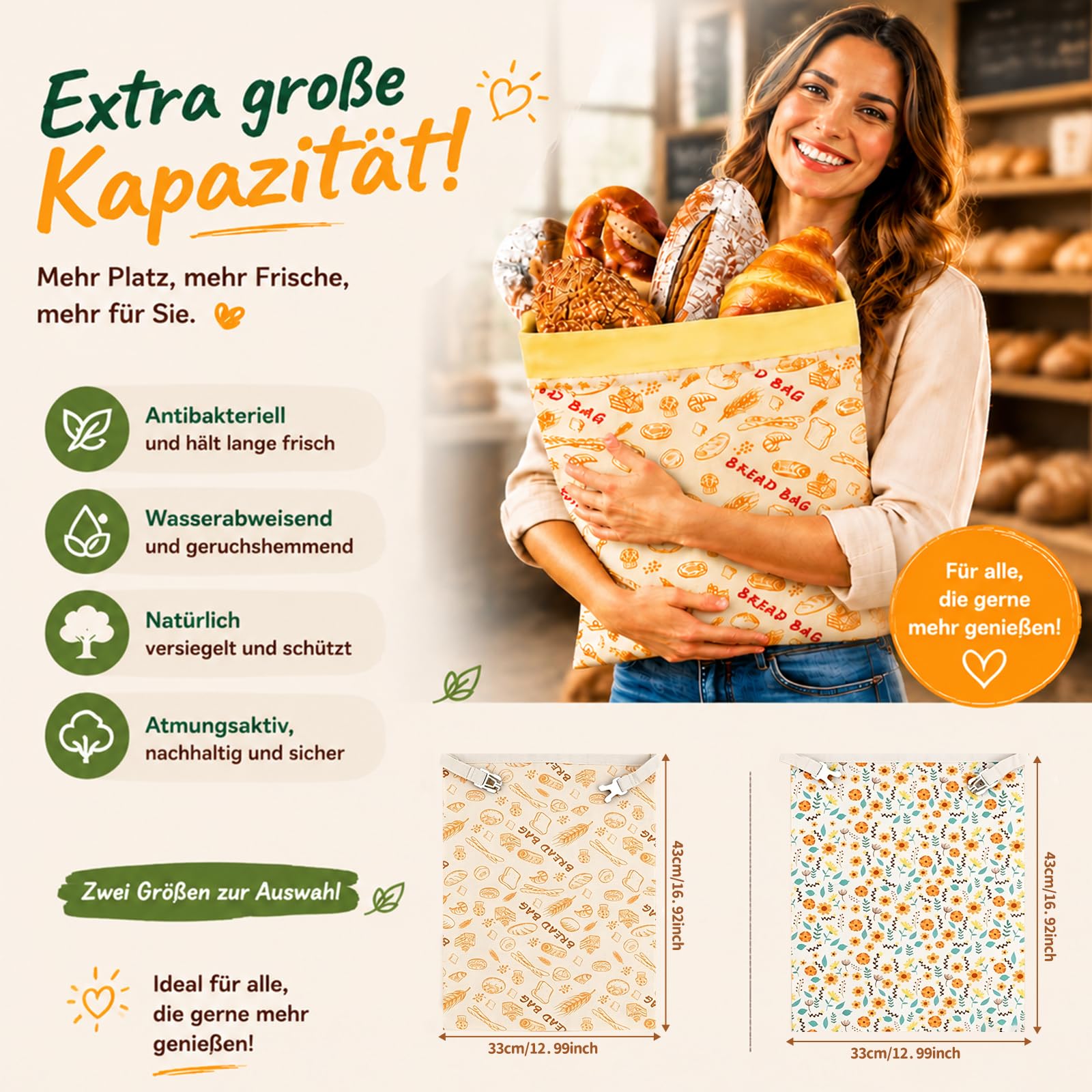 2 Stück Wiederverwendbare Bienenwachs Brotbeutel- Groß 43x33cm, Vollkommen natürliche Bienenwachs-Präservierung, Bienenwachs Brotbeutel für selbstgebackenes Brot und Backwaren