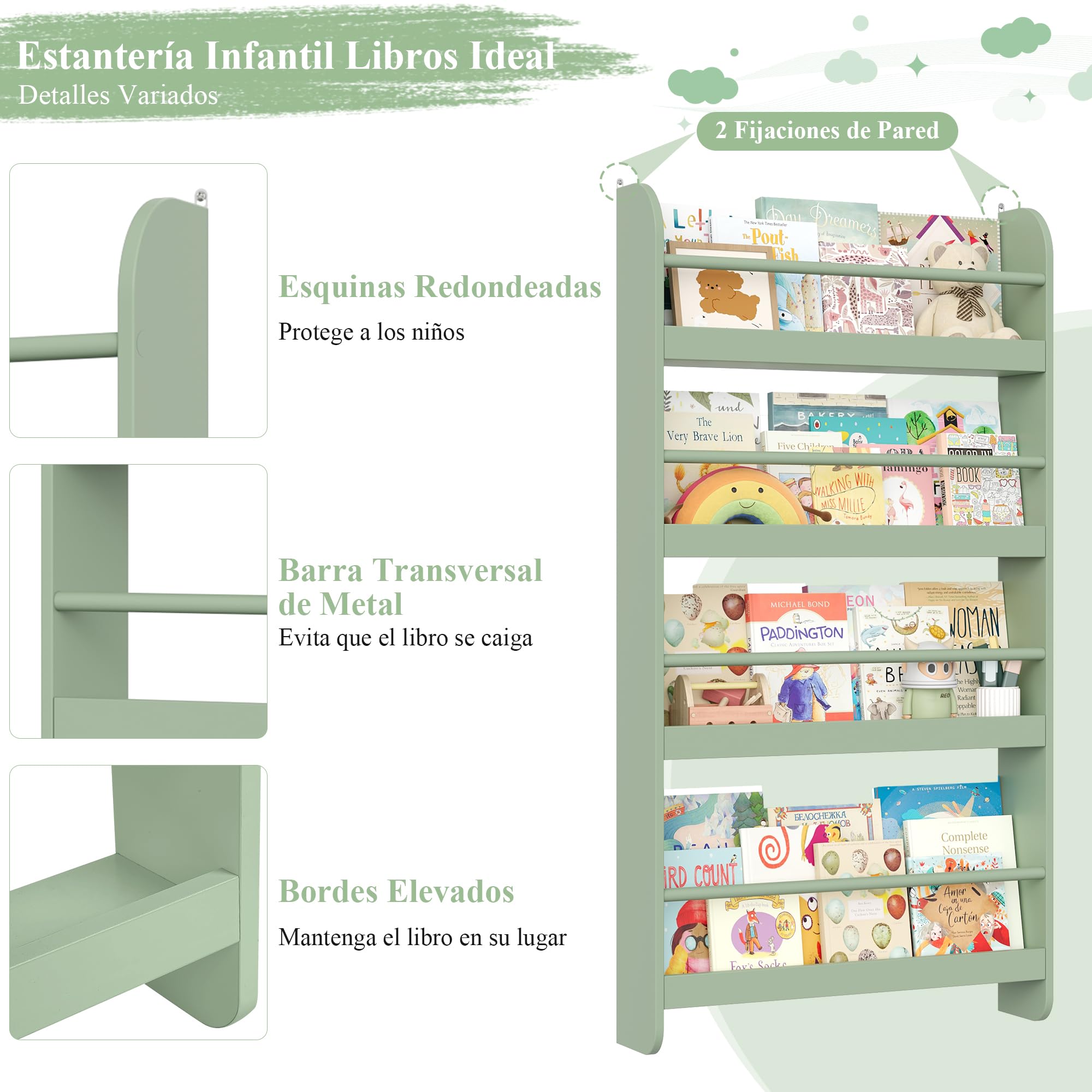 FOREHILL Estantería Infantil Pared, Estantería Infantil Libros, Librería Infantil Montessori, Madera, para Niños, 4 Estantes 111x58x12cm Verde