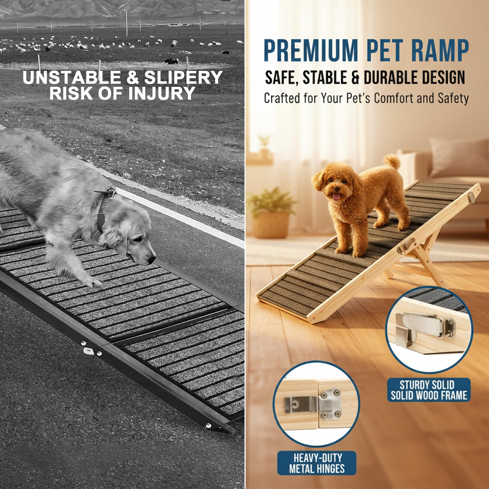 Rampa per cani in legno, 100 x 40 cm, pieghevole e regolabile in altezza, con tappetino antiscivolo, stabile per auto, divano e letto, adatta per cani di taglia piccola, anziana e media