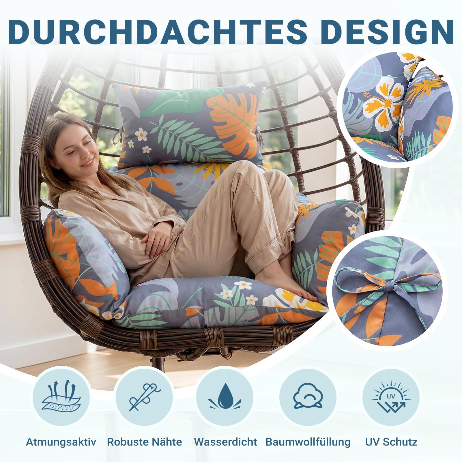 Cojín colgante para sillón mecedora para exterior: moderno, cojín de poliéster, suave, resistente al agua, cojín de repuesto, cojín de jardín, cojín con reposacabezas para sillón colgante de