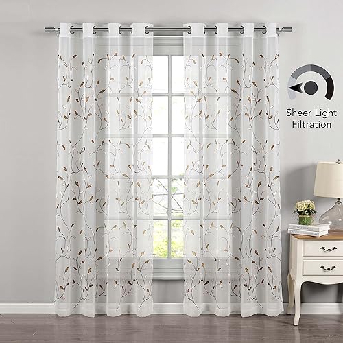 Miniatura 2 de Creative Home Ideas Hojas onduladas, cortinas transparentes bordadas, incluye 1 panel de cortina de hojas, cortinas de ventana con ojales de metal,