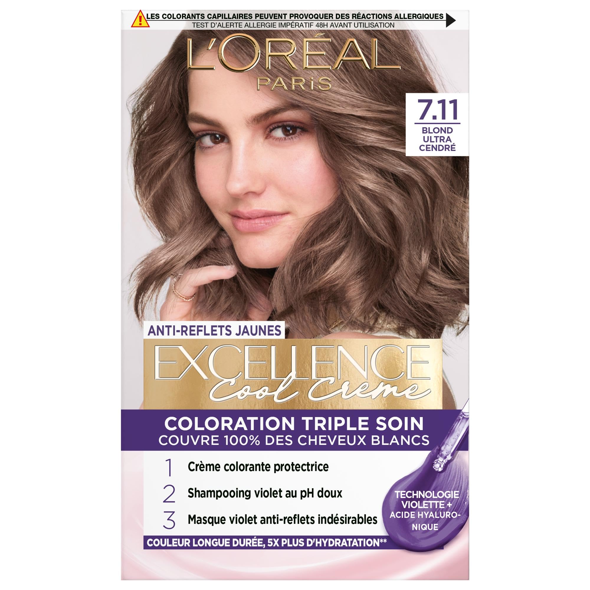 L'ORÉAL PARIS - Coloration Cheveux Permanente Triple Soin - Anti-​Reflets Jaunes - Couvre 100% des Cheveux Blancs - Excellence Cool Crème - Nuance : Blond Ultra Cendré (7.11)