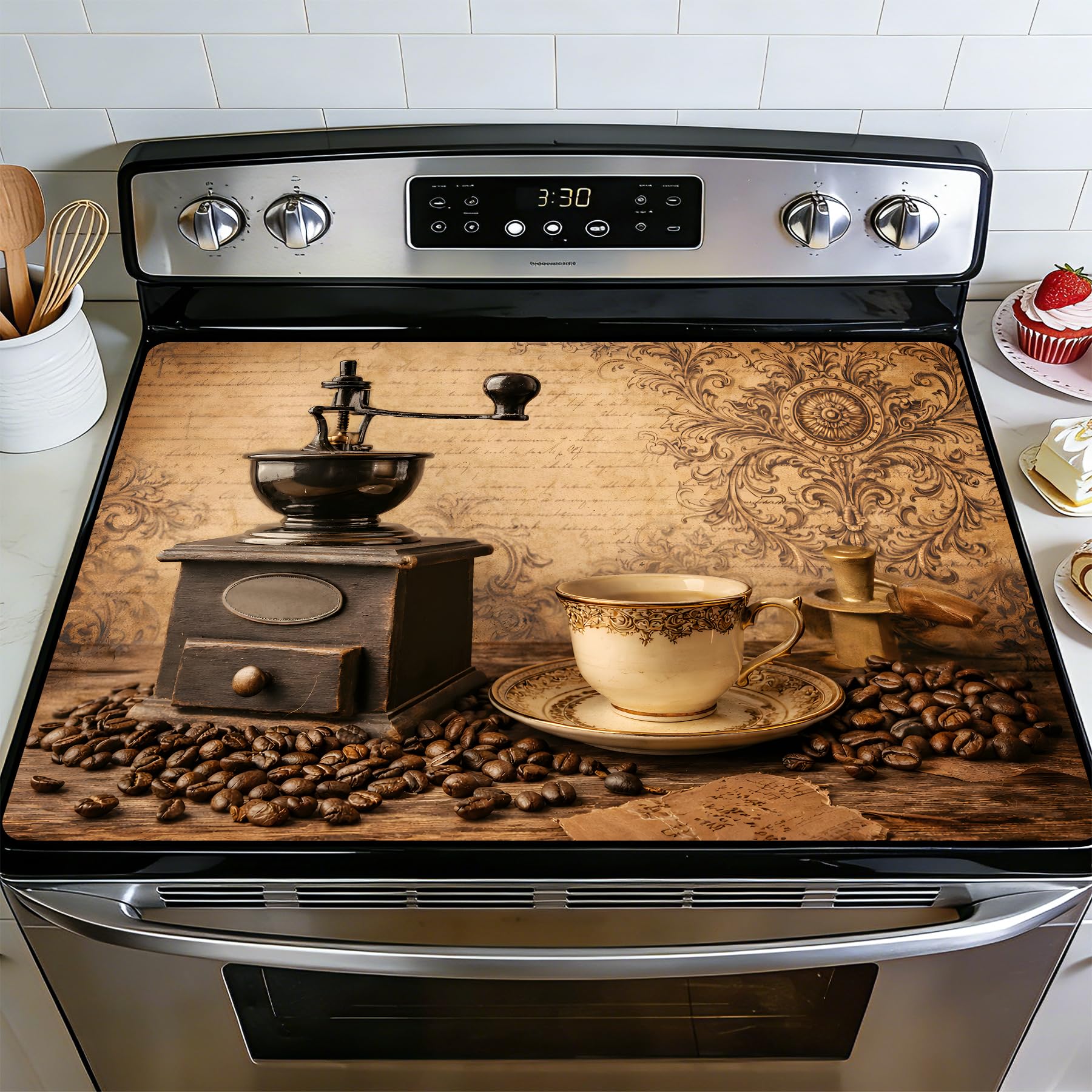 BVBOX 28.5" x 20.5" Stove Top Cover Mat for Electric Stove, Non-Slip Stove Cooktop Countertop Protector Cover Pad Washable Absorbent for Kitchen Home Decoration (Vintage Coffee, 28.5"*20.5")