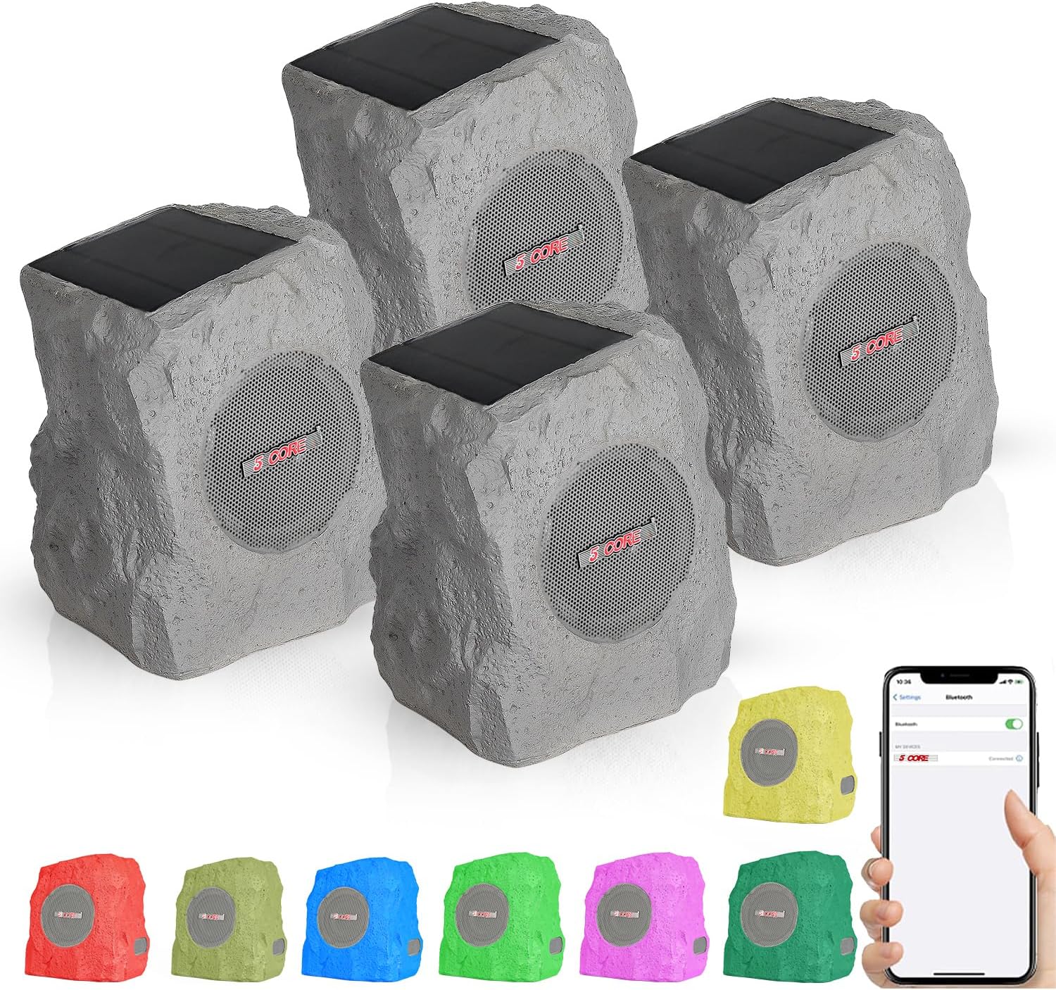 5 CORE Outdoor Speakers Bluetooth Waterproof Linkable Multi Connect 10W RMS Pool Patio Garden Wireless Subwoofer Outside Solar Rock Speaker w LED Light All Season Use - GRDNSPK MC Gry 4PCS